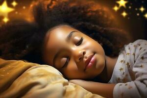 africano americano ragazza addormentato nel sua letto nel un' buio figli di camera con il notte leggero trasformato Su. ai generativo foto