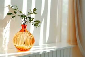ai generativo. un' bicchiere vaso nel il forma di un arancia zucca sta contro il sfondo di un' bianca parete illuminato di luce del sole. orizzontale foto