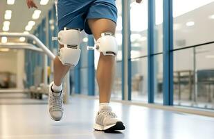 un' Disabilitato uomo con protesico gambe treni nel un' reinserimento centro. gambe vicino su. ai generativo foto