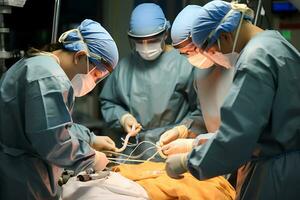un' gruppo di chirurghi l'esecuzione un operazione nel un' militare Ospedale. ai generativo foto
