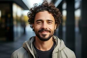 ritratto di un' giovane uomo con Riccio buio capelli, baffi, barba e buio giacca. un' sorridente uomo sembra in il telecamera. ai generativo foto