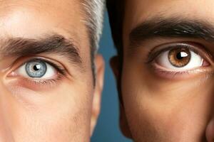 Due metà di un' viso avvicinamento di il uomini con blu e Marrone occhi. ai generativo foto