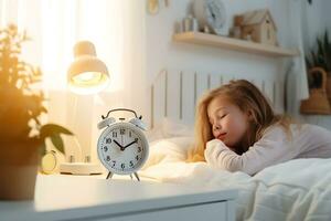 bambino ragazza dorme nel sua letto nel il presto soleggiato mattina. il orologio è nel il primo piano. il concetto di figli di dormire orario. ai generativo foto