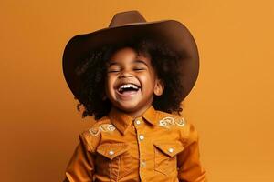 africano americano cowgirl bambino nel Marrone cowboy cappello in posa su arancia sfondo. il ragazza è ridendo. ai generativo foto