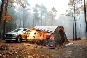 un' grande turista tenda sta nel il mezzo di il foresta nel nebbioso piovoso autunno tempo atmosferico. un' lanterna è ardente nel il tenda, un' auto è in piedi Il prossimo per il tenda. ai generativo foto
