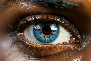 avvicinamento foto di un africano americano donna di occhio dopo cosmetico cheratopigmentazione con un' femtosecondo laser. Marrone occhi cambiato per blu. ai generativo.