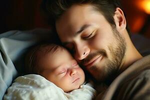 ai generativo. giovane padre abbracci neonato bambino e sorrisi. orizzontale foto