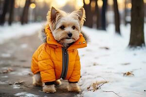 ai generativo. yorkshire terrier nel un' caldo arancia giacca in posa su un' nevoso strada nel un' inverno parco foto