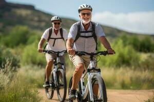 anziano equitazione elettrico biciclette nel parco sfondo con vuoto spazio per testo foto