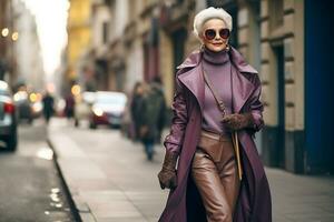 un' bellissimo snello anziano donna con grigio capelli e trucco passeggiate lungo il città strada nel un' viola impermeabile e nero occhiali. ai generativo foto