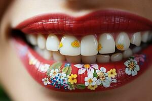 ai generativo. adesivi nel il modulo di fiori su il Modelli rosso rossetto e tatuaggi su sua denti foto