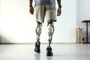 un' Disabilitato africano americano uomo con protesi anziché di gambe pose contro un' bianca parete. orizzontale foto. ai generativo foto