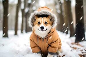 ai generativo. corgi nel un arancia inverno giacca si siede nel il neve contro il fondale di un' inverno parco foto