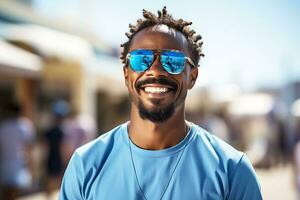 giovane africano americano uomo nel blu maglietta e blu occhiali da sole ridendo e in posa all'aperto.ai generativo foto