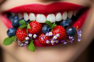 ai generativo. un' giovane donna con rosso rossetto su sua labbra detiene un' manciata di fragole e mirtilli nel sua denti. concetto di fruttato gusto o odore di rossetto foto