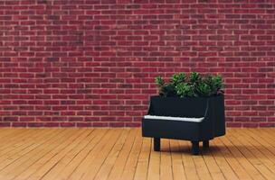 creativo composizione fatto di pianoforte e verde le foglie contro rosso mattone parete sfondo. minimo musicale strumento concetto. di moda pianoforte e verde impianti idea. musicale sfondo estetico. foto