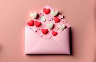 carta Busta modello con san valentino carta mestiere cuori su rosa sfondo. piatto posizione, superiore Visualizza. romantico amore lettera per San Valentino giorno concetto. generando ai foto