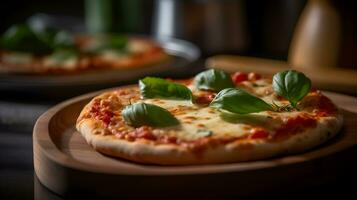 autentico margherita Pizza con fresco Mozzarella e basilico su di legno tavola. generativo ai foto