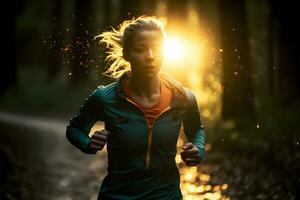 femmina pista corridore in esecuzione su foresta sentiero con bokeh luci e arancia incandescenza. generativo ai foto