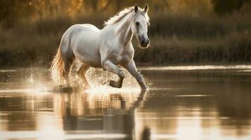 bellissimo cavallo in esecuzione al di sopra di acqua con riflessione, generativo ai foto