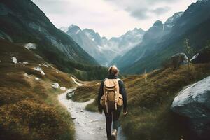 avventuroso scalatore il trekking per conquistare il montagna picco. generativo ai foto