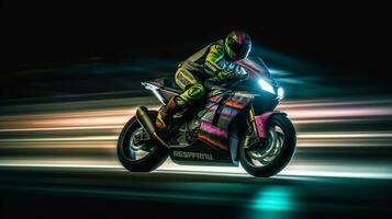 pazzo ciclista su un' motociclo da corsa a alto velocità su moderno pista. creato con generativo ai foto