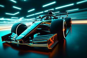 futuristico formula 1 da corsa su un' neon post produzione traccia. generativo ai foto