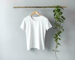 pulito e minimo bianca maglietta modello su un' di legno rotaia. generativo ai foto