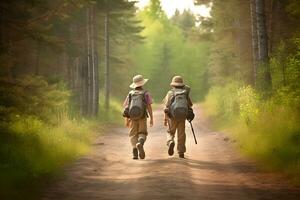 avventuroso ragazzi escursioni a piedi nel il foresta con zaini. generativo ai foto