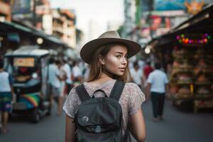 giovane femmina turista nel bangkok esplorando il della città, generativo ai foto