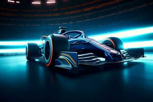 futuristico formula 1 da corsa su un' neon post produzione traccia. generativo ai foto