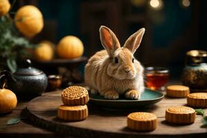 carino coniglio seduta con il giro mooncake tavolo con tè tazze su di legno sfondo e pieno Luna, metà autunno Festival concetto. ai generativo foto