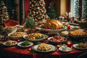 Natale arrostito tacchino con mirtilli e arance su rustico di legno tavolo, ai generativo foto