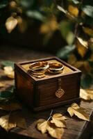 nozze anelli nel di legno scatola su rustico di legno tavolo. ai generativo foto