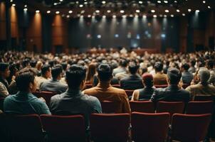 attività commerciale e imprenditoria simposio. altoparlante dando un' parlare a attività commerciale incontro. pubblico nel conferenza hall.ai generativo foto