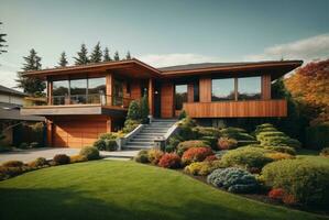 moderno di legno Casa con un' bellissimo paesaggistico giardino nel il autunno.ai generativo foto