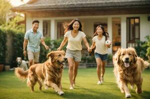 un' contento famiglia giocando con un' d'oro cane da riporto nel il davanti cortile. ai generativo foto