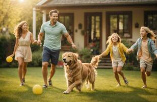 un' contento famiglia giocando con un' d'oro cane da riporto nel il davanti cortile. ai generativo foto