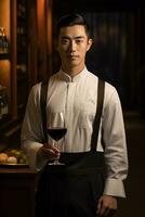 bello Cameriere nel uniforme con bianca asciugamano servi vino per ospiti nel ristorante, ai generativo foto
