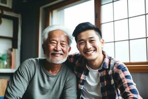 contento padre e figlio godere soggiorno casa su Il padre di giorno con famiglia Amore., ai generativo foto