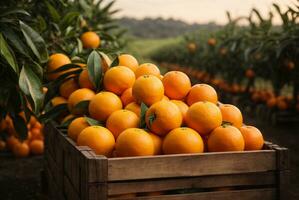 fresco arance nel un' di legno gabbia con un' sfocato sfondo nel un arancia azienda agricola, ai generativo foto