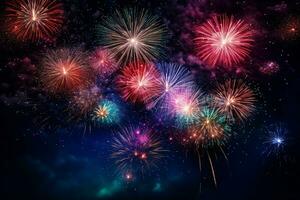 colorato fuochi d'artificio leggero su il cielo a nuovo anni celebrazioni. ai generativo foto