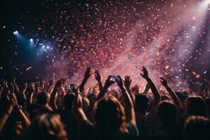 folla applauso a un' musica Festival e coriandoli volante nel il aria. ai generativo foto