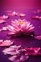 rosa loto su viola sfondo con bokeh luci e scintillii, ai generativo foto