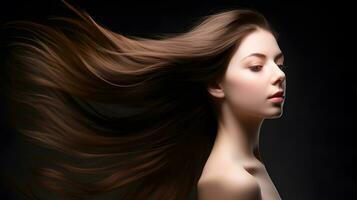 dinamico capelli ritratto di un' giovane donna modello in posa con oscillante testa movimento. creato con generativo ai foto