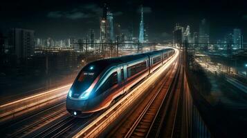 alta velocità treno da corsa attraverso un' bellissimo città a notte, sfocato paesaggio urbano nel il sfondo. creato con generativo ai foto