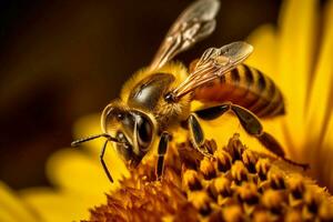 un' occupato ape raccoglie nettare a partire dal un' vivace girasole su un' soleggiato giorno, in mostra il selvaggio e affascinante vita di insetti. generativo ai foto