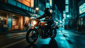 alta velocità motociclo ciclista da corsa attraverso un' bellissimo città a notte. creato con generativo ai foto