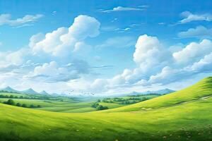 verde prato con fiori e blu cielo con bianca nuvole, illustrazione, collinoso verde paesaggio Visualizza con verde erba e bellissimo cielo, ai generato foto