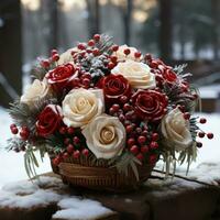 nevoso rosso Rose e frutti di bosco nel un' rustico di legno cestino foto